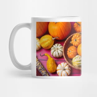 Autumn Pumpkins On Red Boards Still life Mug